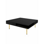 High Gloss Coffee Table: 4 Golden Legs, 2 Drawers, 2-Tier Square Design