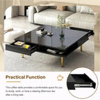 High Gloss Coffee Table: 4 Golden Legs, 2 Drawers, 2-Tier Square Design