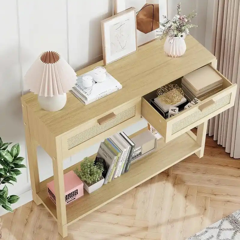 Farmhouse Rattan Console Table, 39 Sofa Tables, Wood Boho Rustic Narrow Entryway Table with Drawers and Storage Shelf