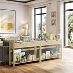 Farmhouse Rattan Console Table, 39 Sofa Tables, Wood Boho Rustic Narrow Entryway Table with Drawers and Storage Shelf