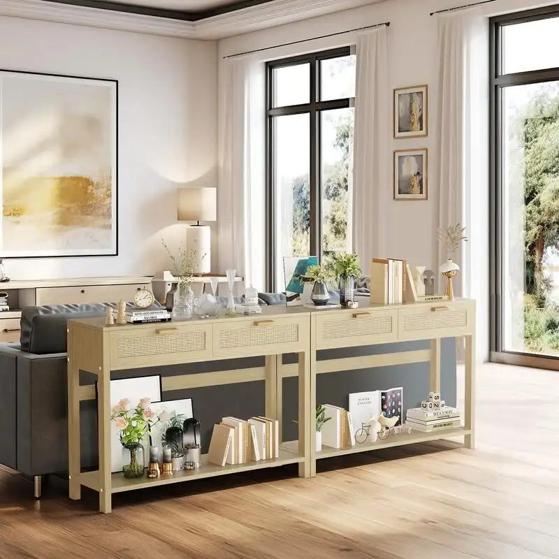 Farmhouse Rattan Console Table, 39 Sofa Tables, Wood Boho Rustic Narrow Entryway Table with Drawers and Storage Shelf