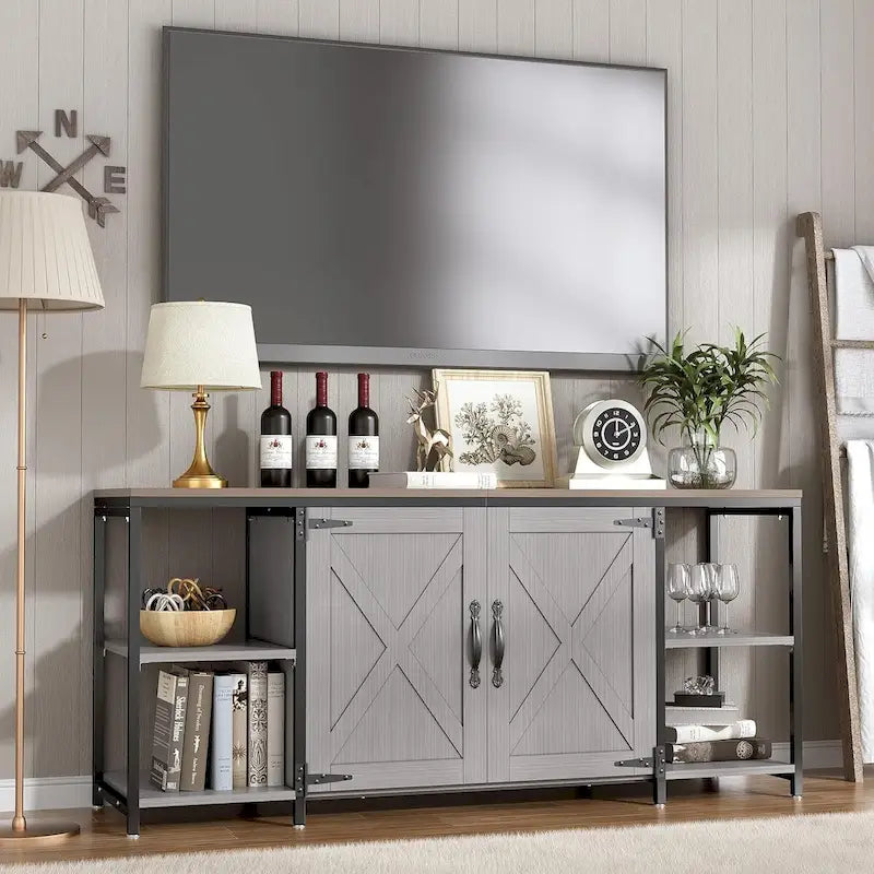 58 Inch Farmhouse TV Stand for up to 65 TV with Doors and Open Shelves
