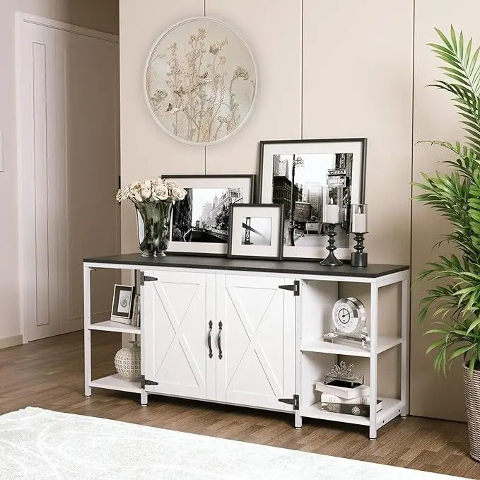 58 Inch Farmhouse TV Stand for up to 65 TV with Doors and Open Shelves