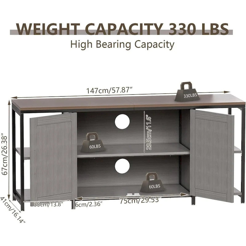 58 Inch Farmhouse TV Stand for up to 65 TV with Doors and Open Shelves