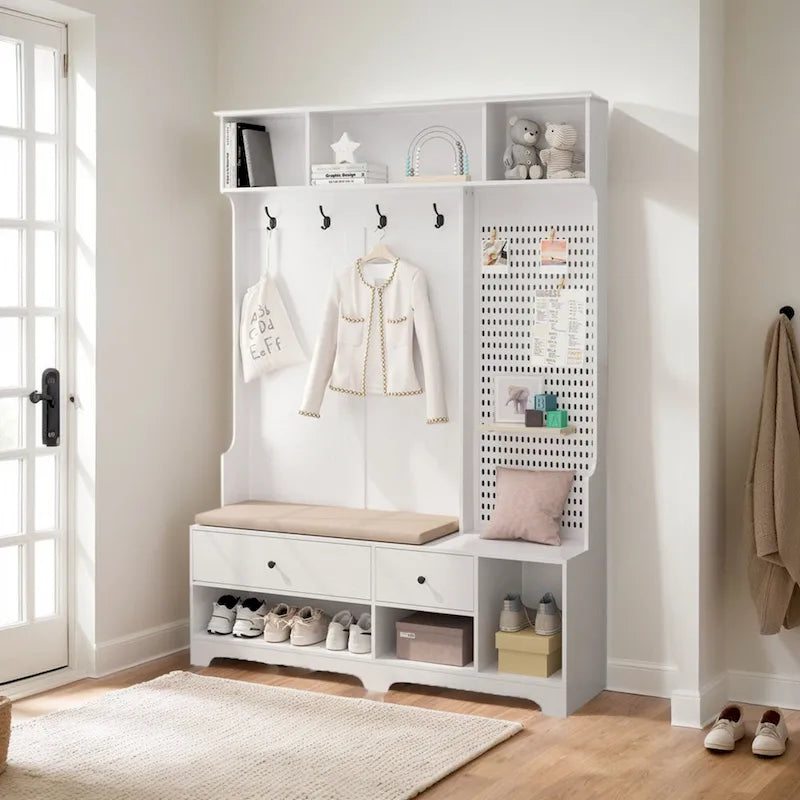Hall Tree with Shoe Bench, Coat Rack, Shelves and Pegboard