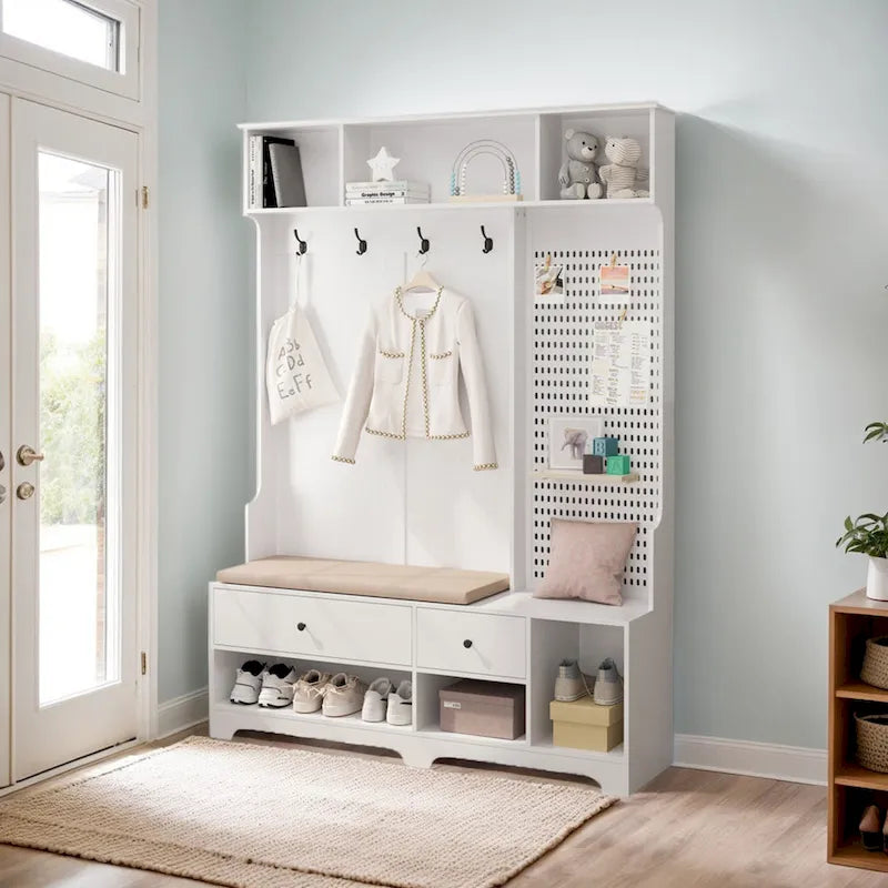 Hall Tree with Shoe Bench, Coat Rack, Shelves and Pegboard