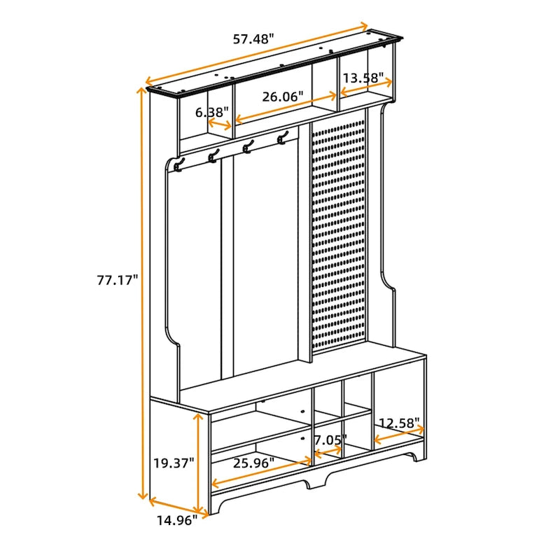 Hall Tree with Shoe Bench, Coat Rack, Shelves and Pegboard