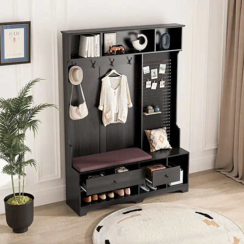 Hall Tree with Shoe Bench, Coat Rack, Shelves and Pegboard