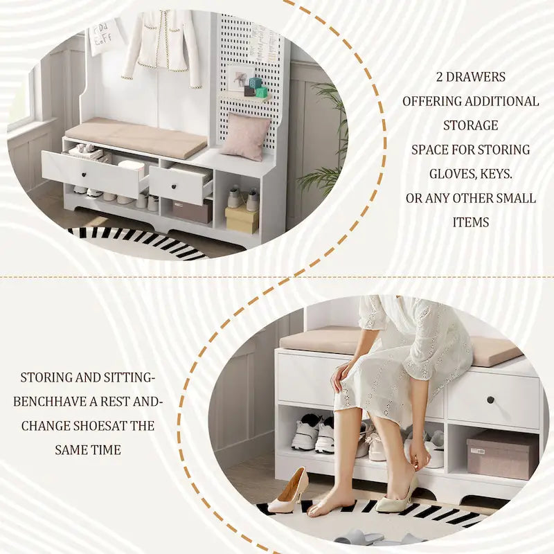 Hall Tree with Shoe Bench, Coat Rack, Shelves and Pegboard