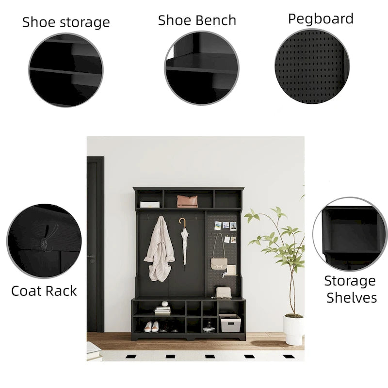 Hall Tree with Shoe Bench, Coat Rack, Shelves and Pegboard