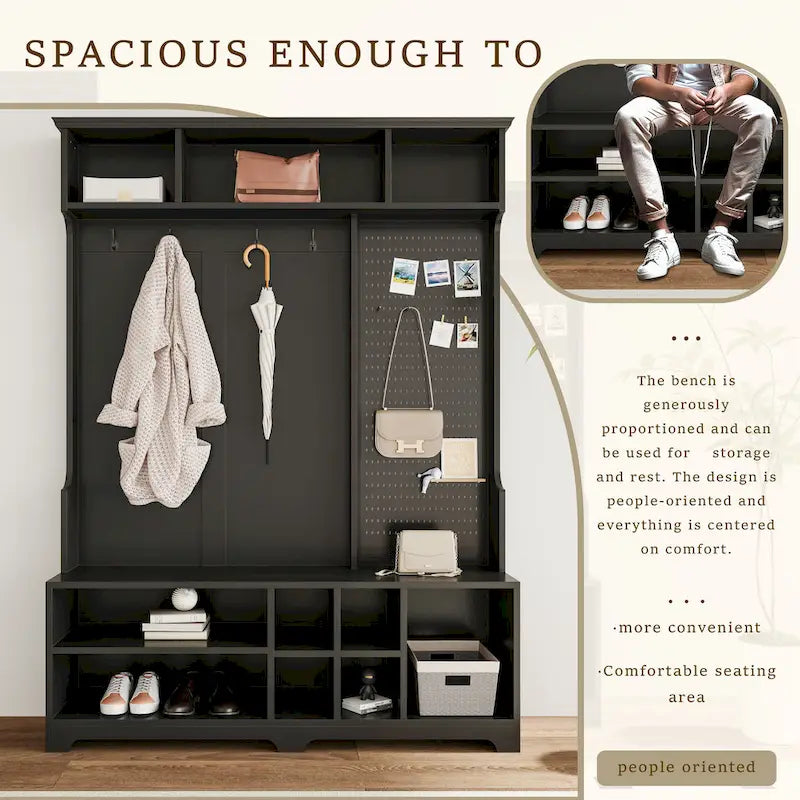Hall Tree with Shoe Bench, Coat Rack, Shelves and Pegboard