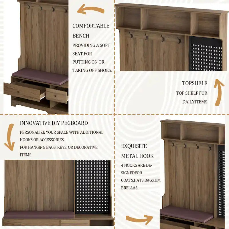 Hall Tree with Shoe Bench, Coat Rack, Shelves and Pegboard