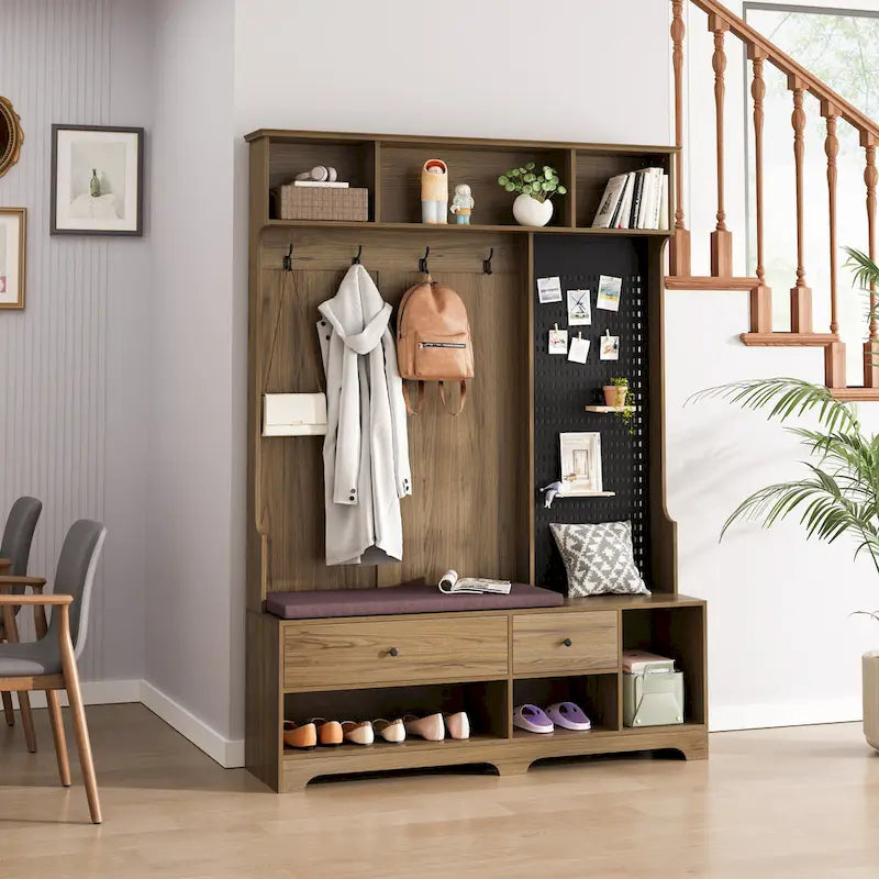 Hall Tree with Shoe Bench, Coat Rack, Shelves and Pegboard