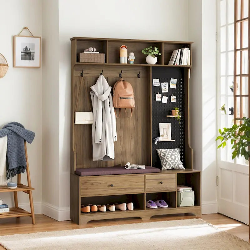 Hall Tree with Shoe Bench, Coat Rack, Shelves and Pegboard
