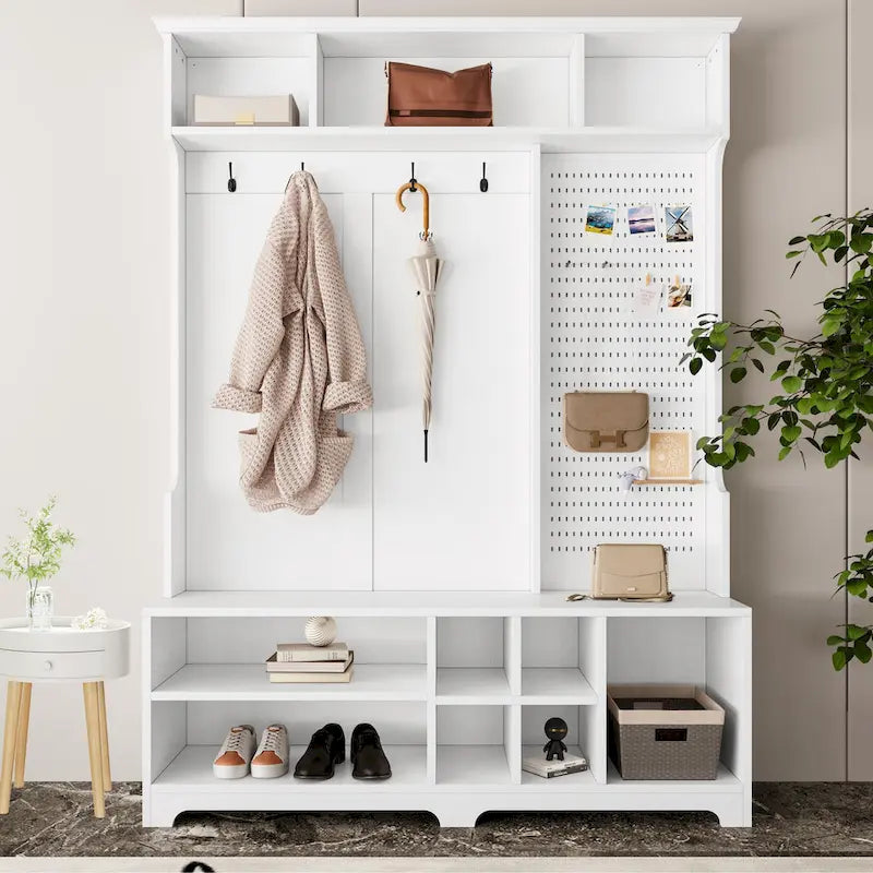 Hall Tree with Shoe Bench, Coat Rack, Shelves and Pegboard