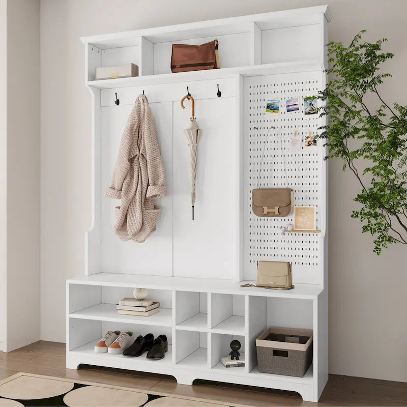Hall Tree with Shoe Bench, Coat Rack, Shelves and Pegboard